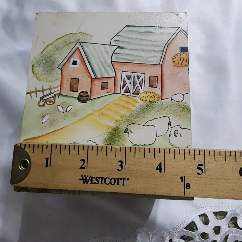 Vintage Hand Painted Wooden Farmhouse Tissue Box Cover Sunflower Barn Scene